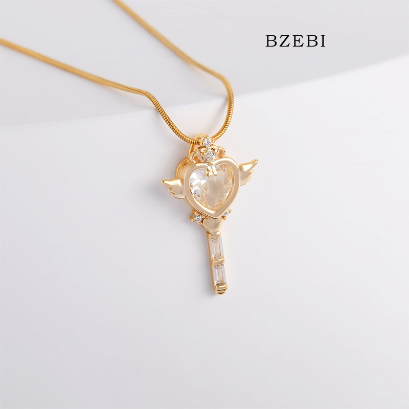 BZEBI 18k Gold Plated Cubic Zirconia Magic Wand Girl Necklace for Women with Box