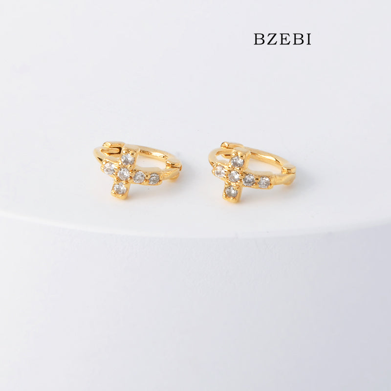 BZEBI 18k Gold Plated Cubic Zirconia Cross Ear Buckle Stud Earrings for Women with Box