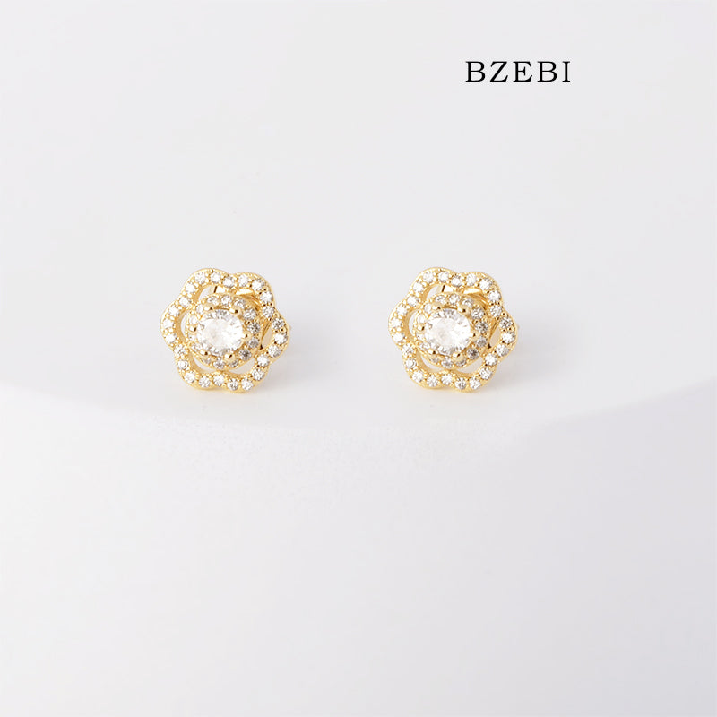 BZEBI 18k Gold Plated Cubic Zirconia Flower Zircon Stud Earrings for Women with Box