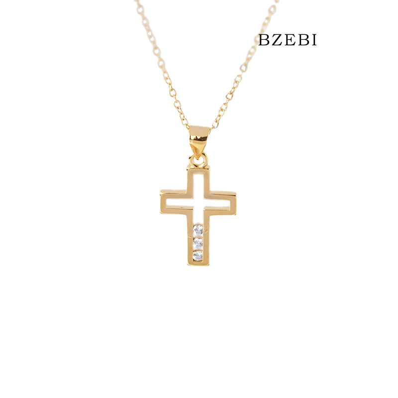 BZEBI 18k Gold Plated Cubic Zirconia Cross Cutout Zircon Necklace for Women with Box