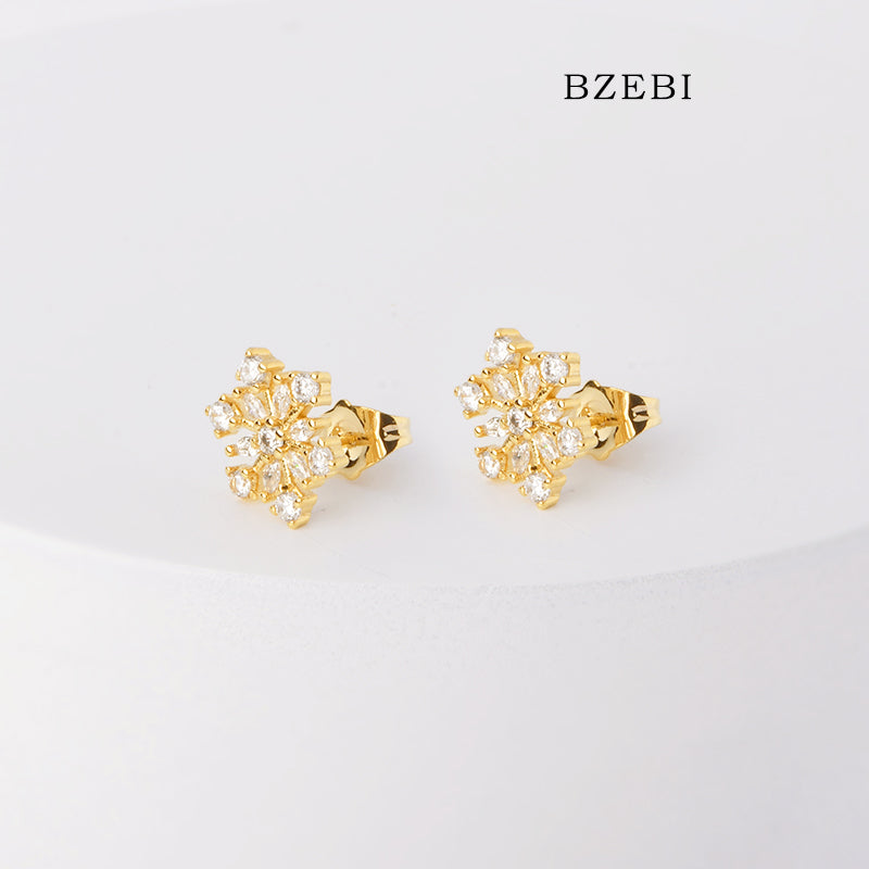 BZEBI 18k Gold Plated Cubic Zirconia Snowflake Stud Earrings for Women with Box