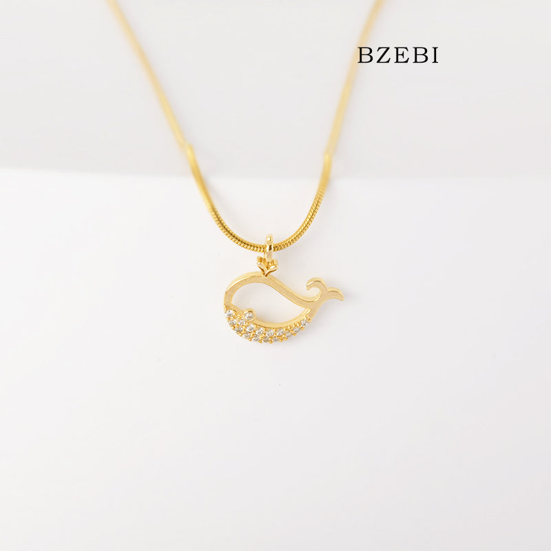 BZEBI 18k Gold Plated Cubic Zirconia Little Whale Necklace for Women with Box