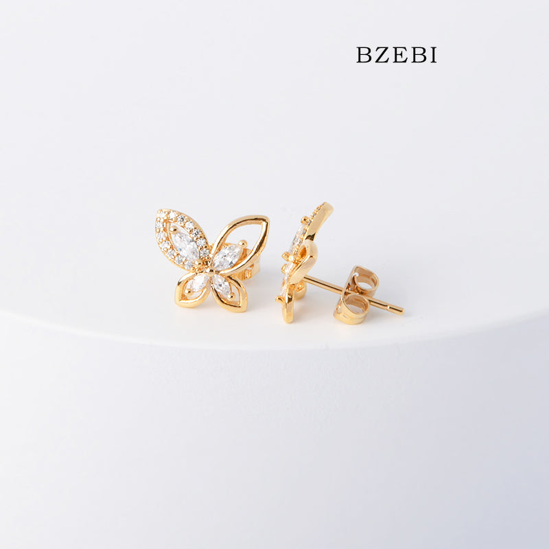 BZEBI 18k Gold Plated Cubic Zirconia Butterfly Stud Earrings for Women with Box