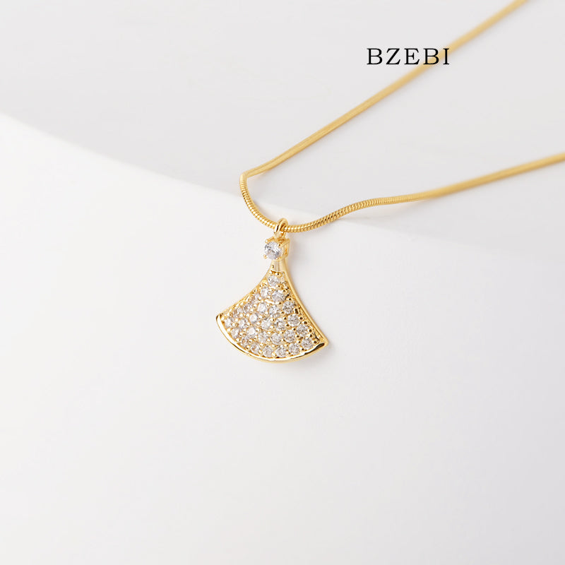 BZEBI 18k Gold Plated Cubic Zirconia fan-shaped pendant Necklace for Women with Box