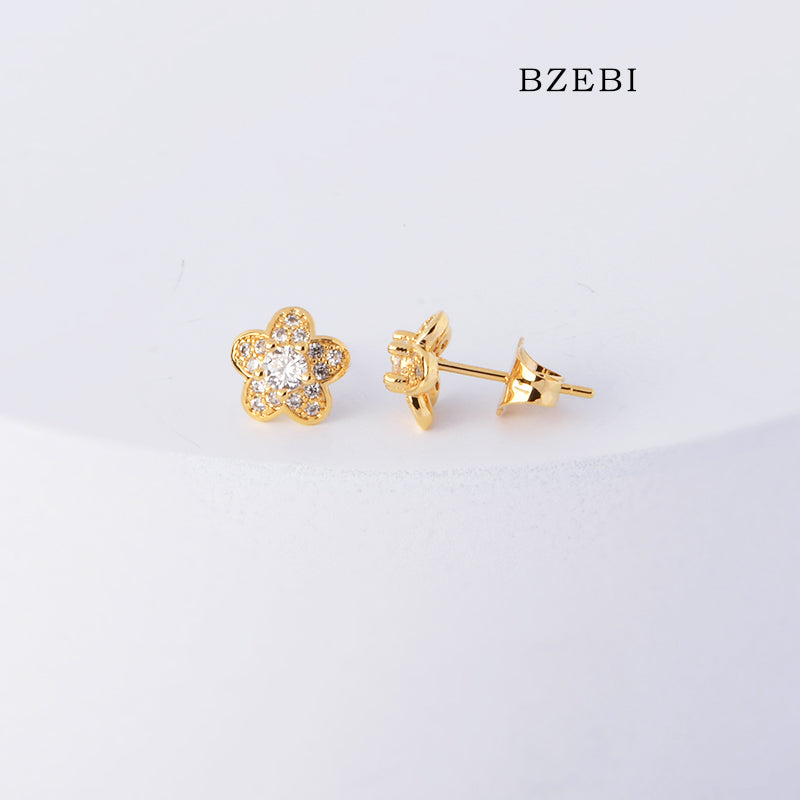 BZEBI 18k Gold Plated Cubic Zirconia Delicate Flower Stud Earrings for Women with Box