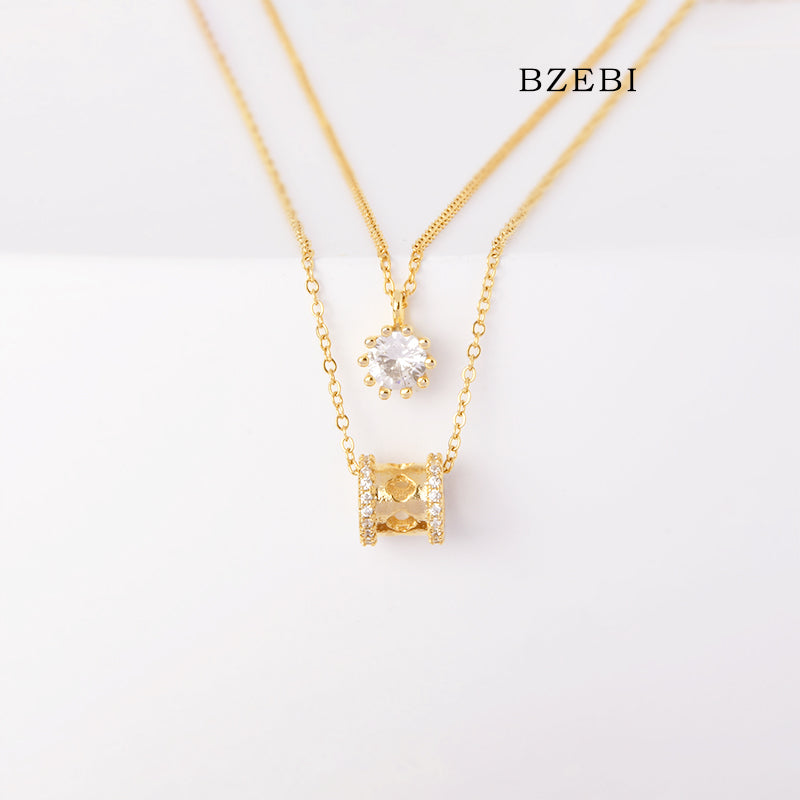 BZEBI 18k Gold Plated Cubic Zirconia Double Chain Stacked Fashion Boutique Necklace for Women with Box