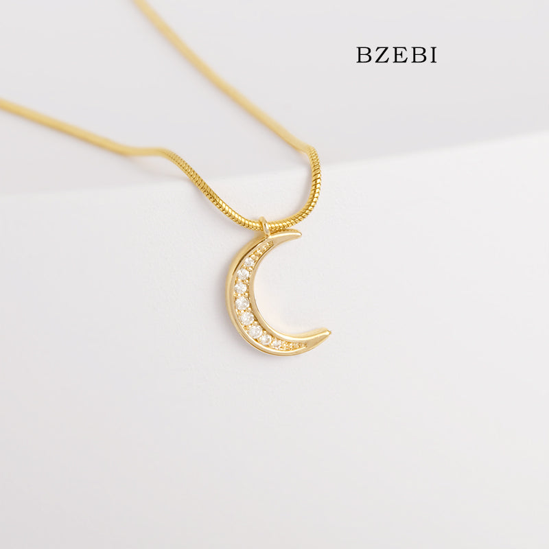 BZEBI 18k zircon inlaid Mini Moon Necklace