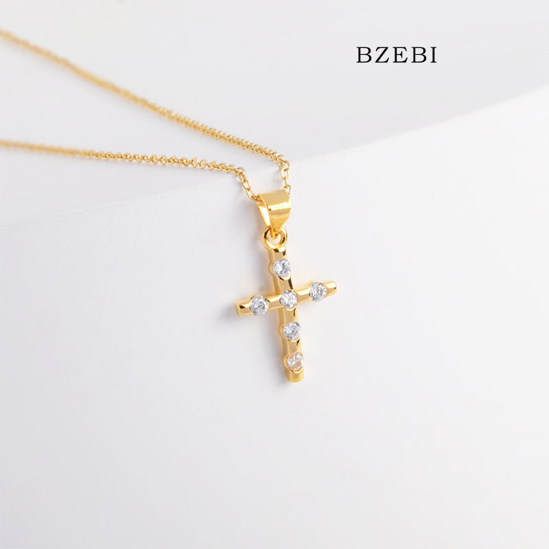 BZEBI 18k Gold Plated Cubic Zirconia Cross Zircon Necklace for Women with Box