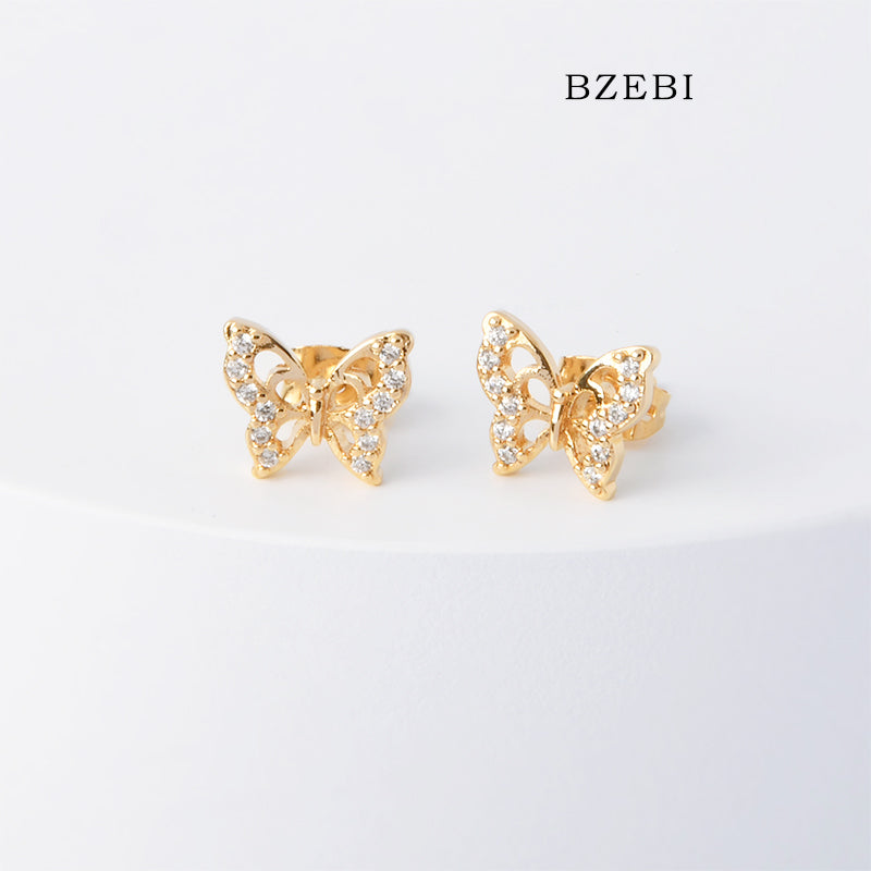 BZEBI 18k Gold Plated Cubic Zirconia Butterfly Stud Earrings for Women with Box