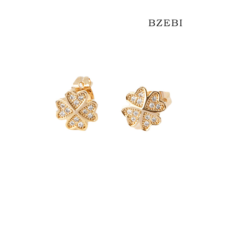 BZEBI 18k Gold Plated Cubic Zirconia Four Leaf Clover Stud Earrings for Women with Box