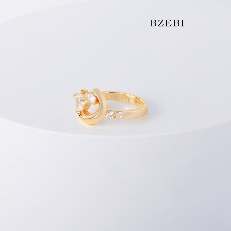 BZEBI 18k Gold Plated Cubic Zirconia Moon Ring for Women with Box