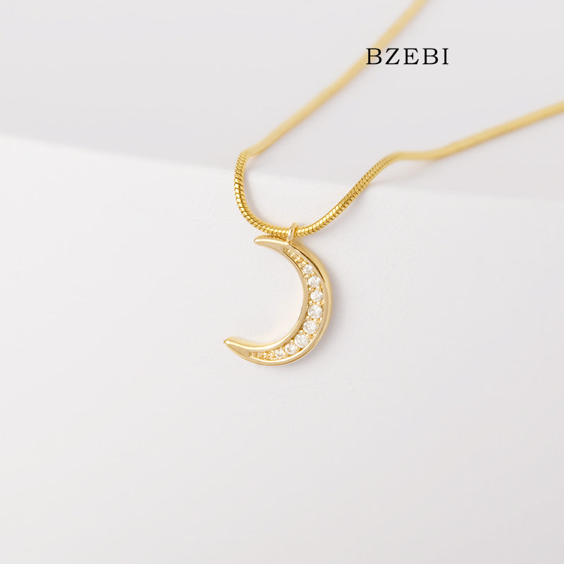 BZEBI 18k zircon inlaid Mini Moon Necklace