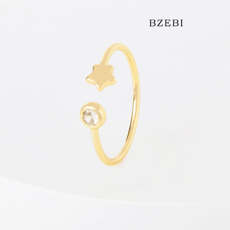 BZEBI 18k Gold Plated Cubic Zirconia Star Adjustable Rings for Women with Box