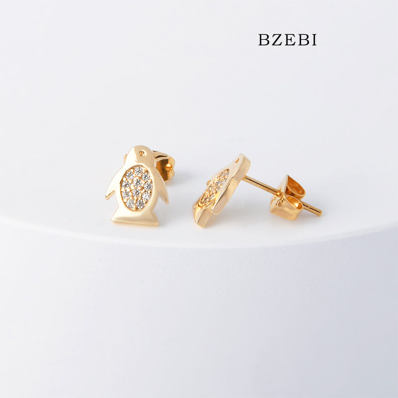 BZEBI 18k Gold Plated Cubic Zirconia Penguin Stud Earrings for Women with Box