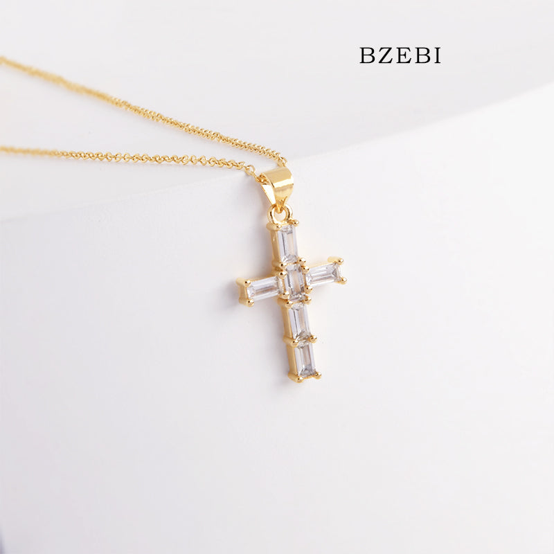 BZEBI 18k Gold Plated Cubic Zirconia Zircon Cross Necklace for Women with Box