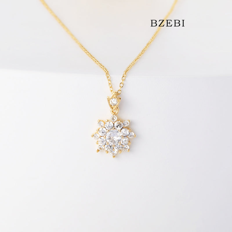 BZEBI 18k Gold Plated Cubic Zirconia Snowflake Zircon Necklace for Women with Box