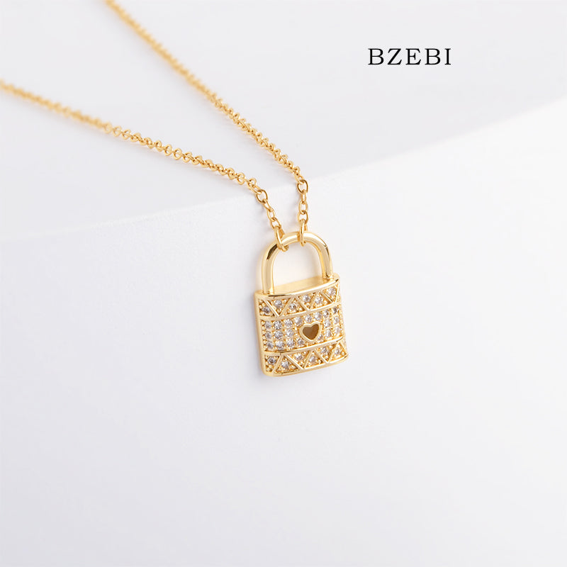 BZEBI 18k Gold Plated Cubic Zirconia Gold Plated Lock Necklace for Women with Box