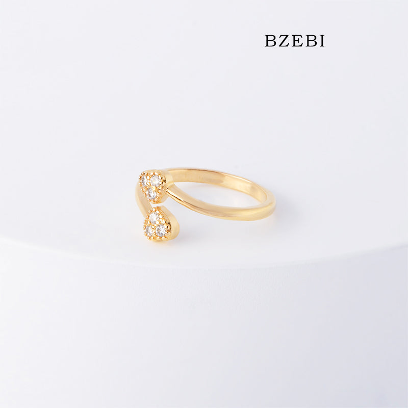 BZEBI 18k Gold Plated Cubic Zirconia Double Heart Adjustable Rings for Women with Box