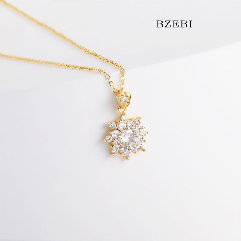 BZEBI 18k Gold Plated Cubic Zirconia Snowflake Zircon Necklace for Women with Box