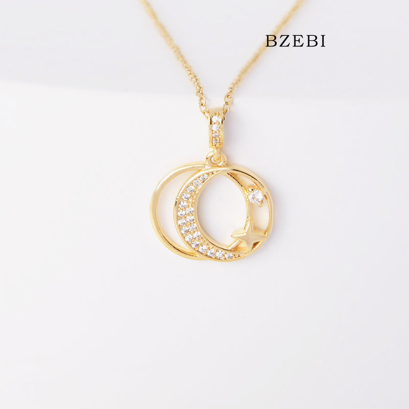 BZEBI 18k Gold Plated Cubic Zirconia Double Star Necklace for Women with Box