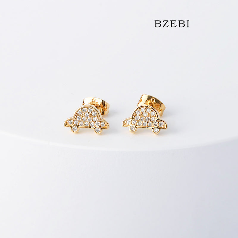 BZEBI 18k Gold Plated Cubic Zirconia Cartoon Car Stud Earrings for Women with Box