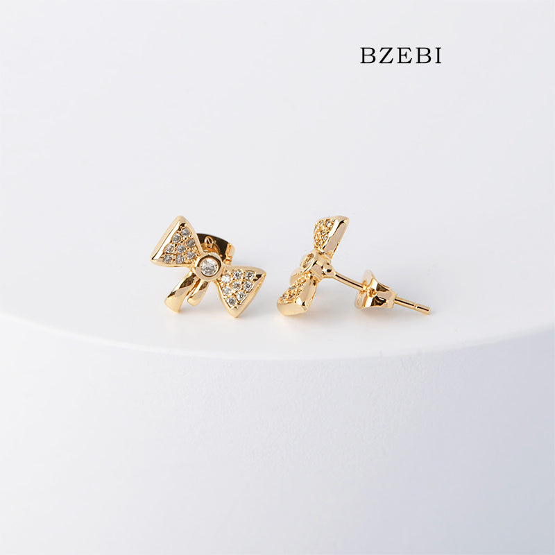 BZEBI 18k Gold Plated Cubic Zirconia Bow Stud Stud Earrings for Women with Box