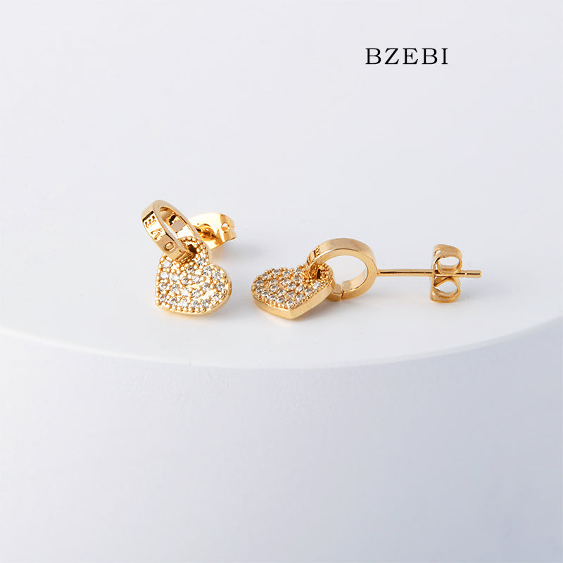 BZEBI 18k Gold Plated Cubic Zirconia Heart LOVE Stud Earrings for Women with Box