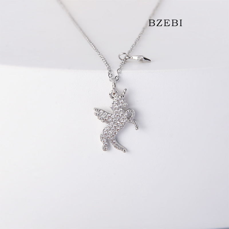 BZEBI 18k Gold Plated Cubic Zirconia Unicorn Necklace for Women with Box