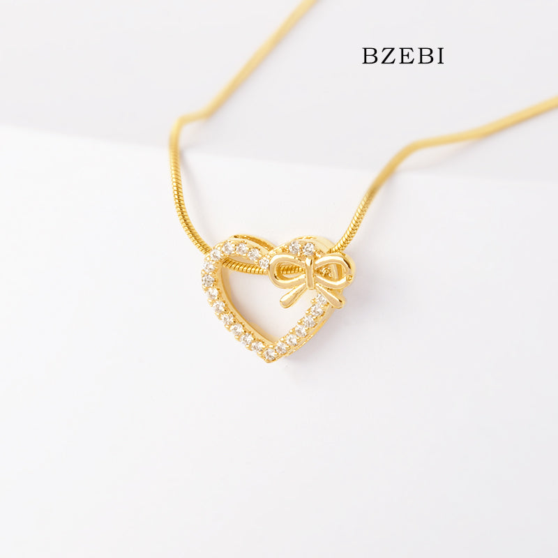 BZEBI 18k Gold Plated Cubic Zirconia Love Bow Girl Necklace for Women with Box