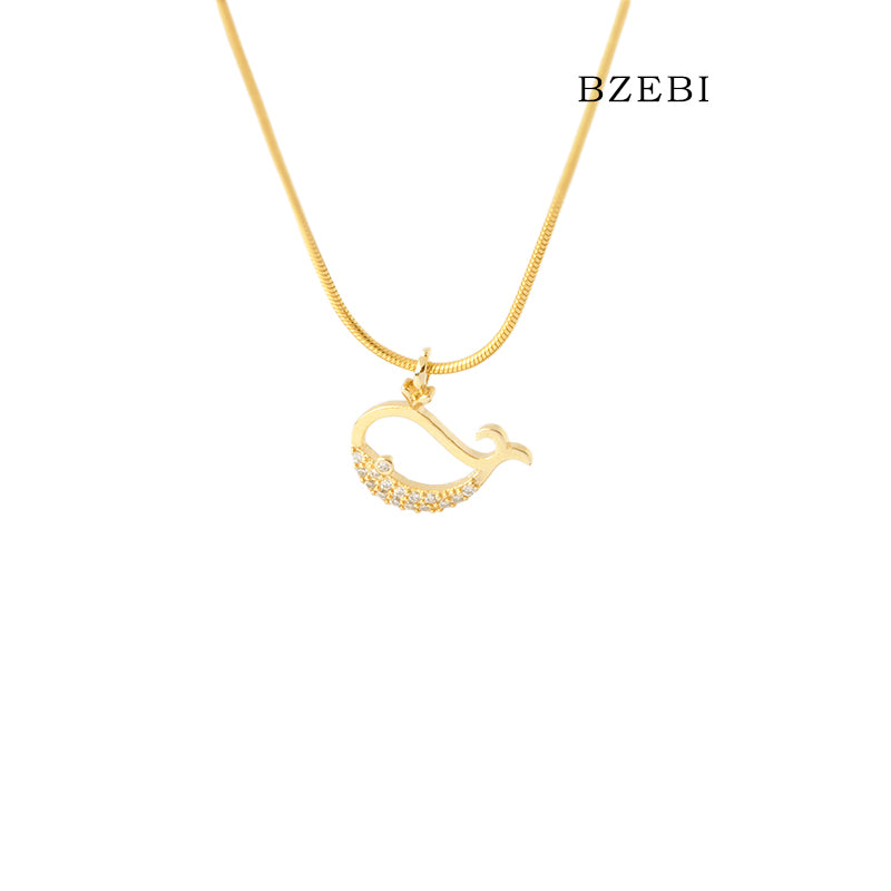 BZEBI 18k Gold Plated Cubic Zirconia Little Whale Necklace for Women with Box