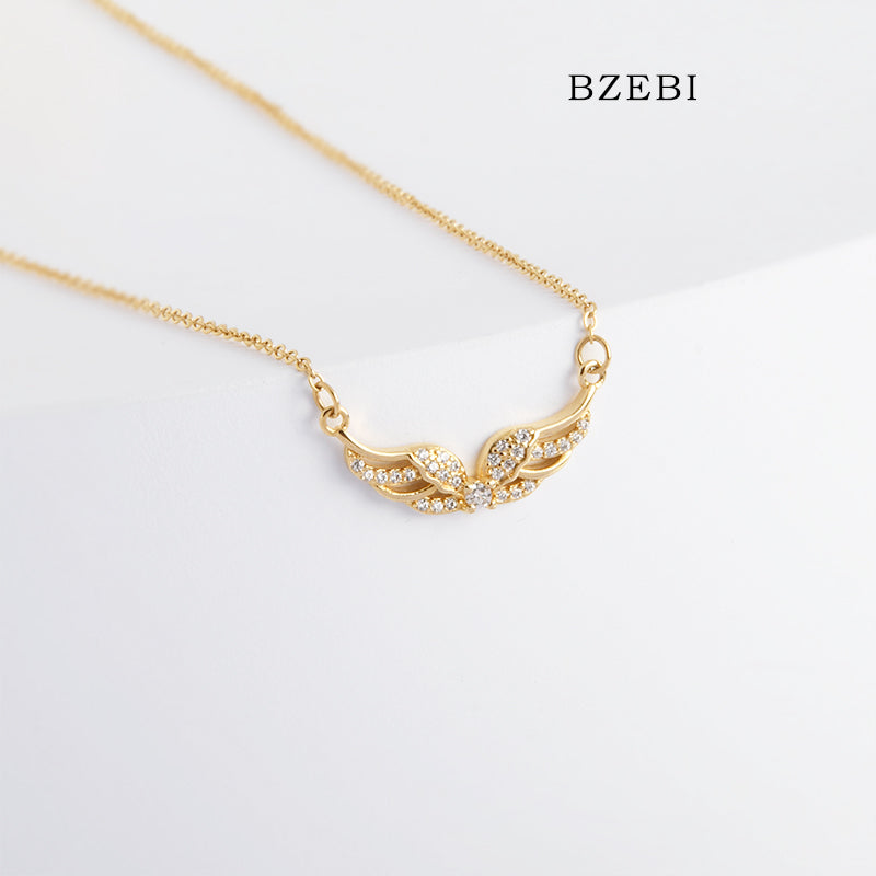 BZEBI 18k Gold Plated Cubic Zirconia Angel Wings  Necklace for Women with Box