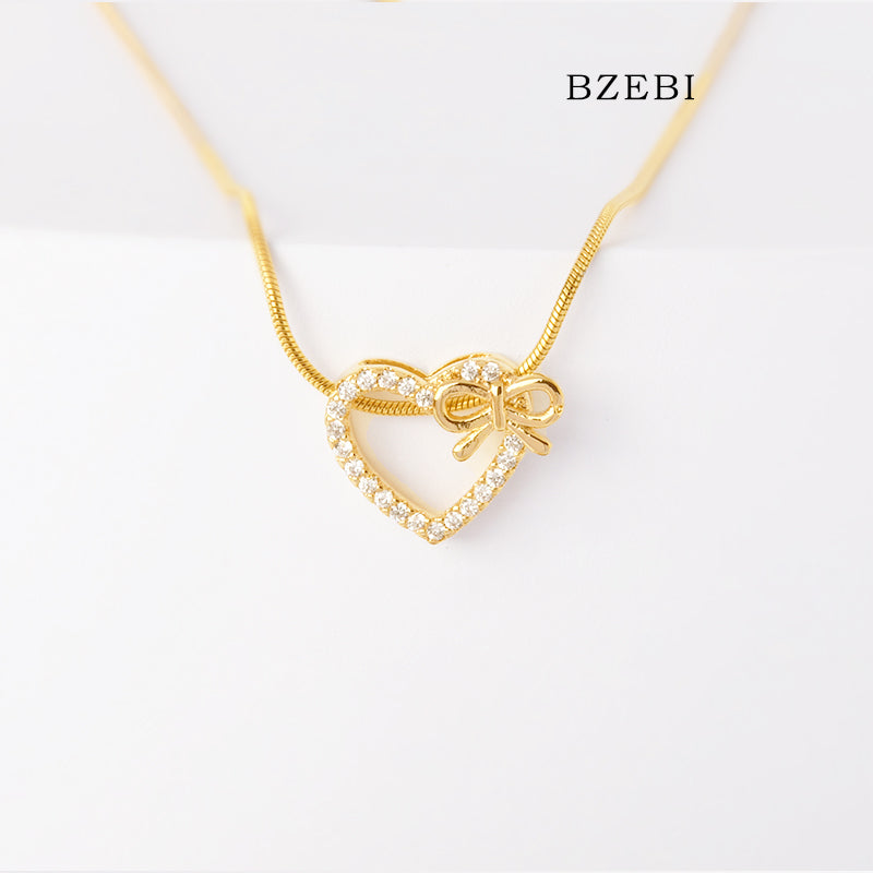 BZEBI 18k Gold Plated Cubic Zirconia Love Bow Girl Necklace for Women with Box