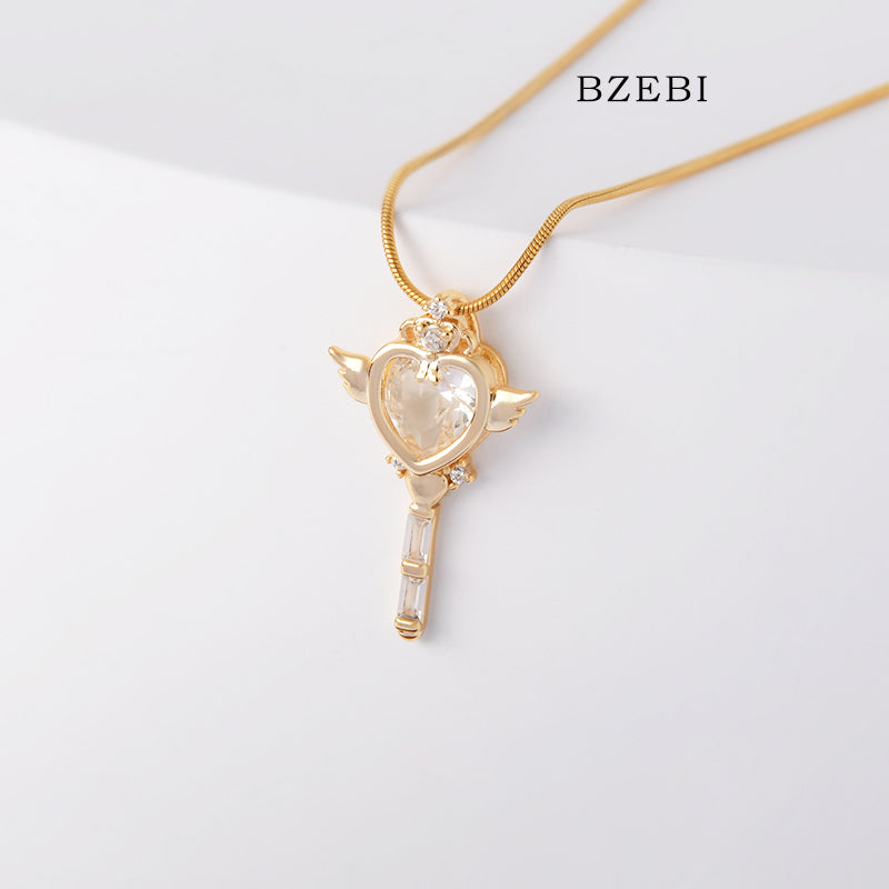 BZEBI 18k Gold Plated Cubic Zirconia Magic Wand Girl Necklace for Women with Box