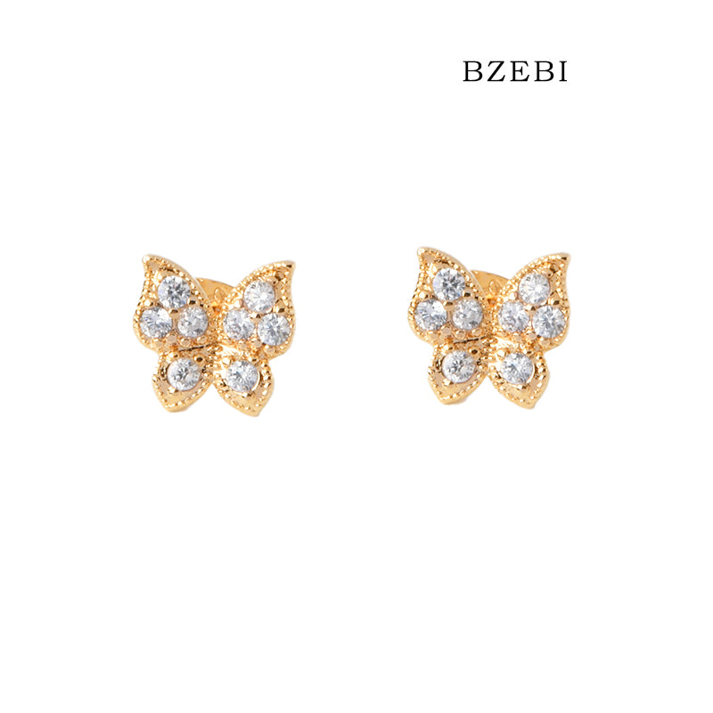 BZEBI 18k Gold Plated Cubic Zirconia Flat Butterfly Stud Earrings for Women with Box