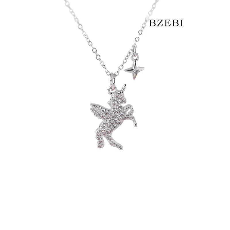 BZEBI 18k Gold Plated Cubic Zirconia Unicorn Necklace for Women with Box