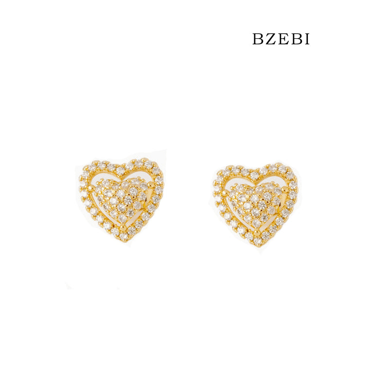 BZEBI 14k cubic zirconia gold-plated love double earrings