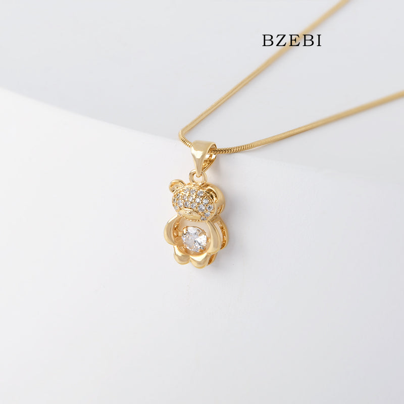 BZEBI 18k Gold Plated Cubic Zirconia cady bear Necklace for Women with Box