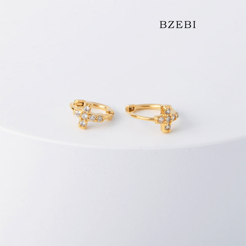 BZEBI 18k Gold Plated Cubic Zirconia Cross Ear Buckle Stud Earrings for Women with Box