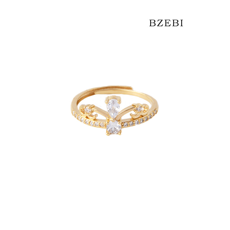 BZEBI 18k Gold Plated Cubic Zirconia Crown Adjustable Rings for Women with Box