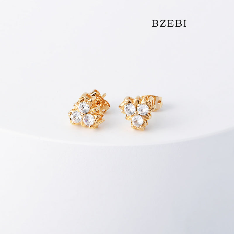 BZEBI 18k Gold Plated Cubic Zirconia Three Petal Flower Stud Earrings for Women with Box