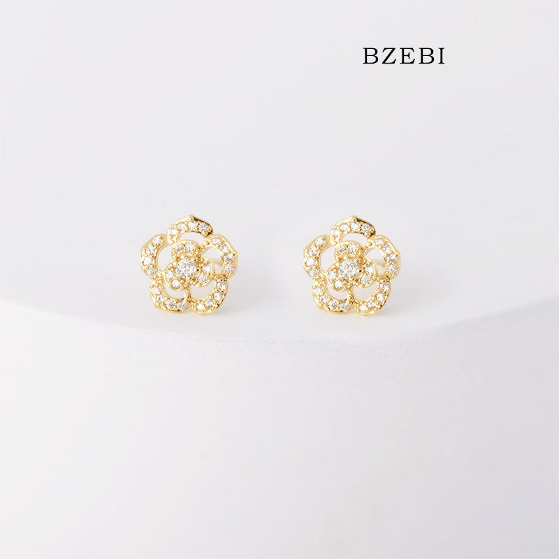 BZEBI 18k Gold Plated Cubic Zirconia Flower Stud Earrings for Women with Box