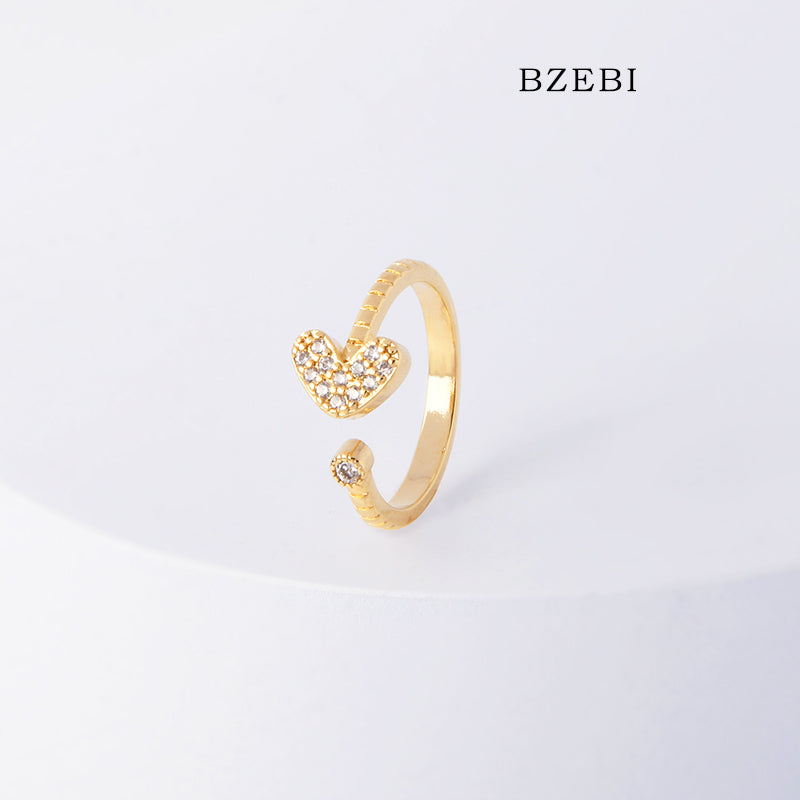 BZEBI 18k Gold Plated Cubic Zirconia Heart Adjustable Rings for Women with Box