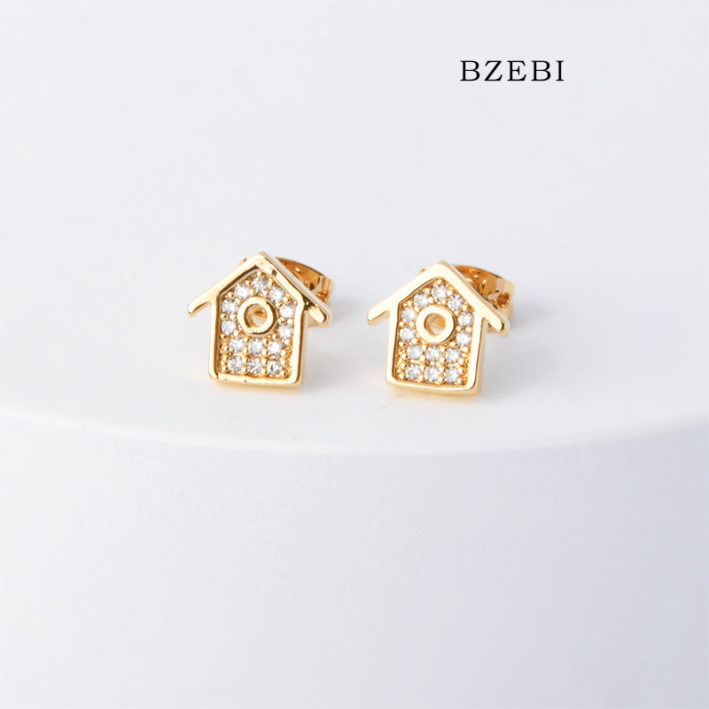 BZEBI 18k Gold Plated Cubic Zirconia House Stud Earrings for Women with Box