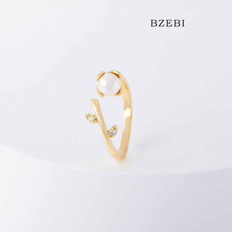 BZEBI 18k Gold Plated Cubic Zirconia Willow Pearl Adjustable Rings for Women with Box