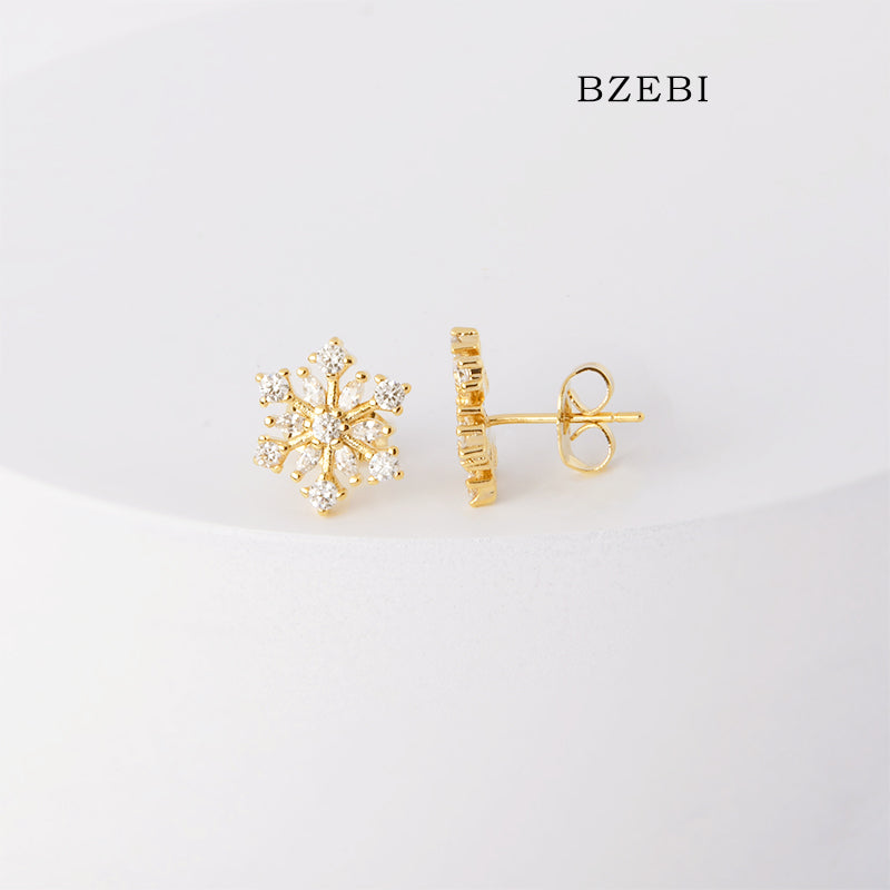 BZEBI 18k Gold Plated Cubic Zirconia Snowflake Stud Earrings for Women with Box