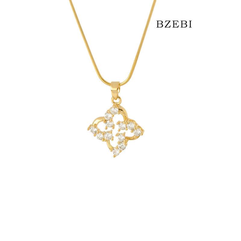 BZEBI 18k Gold Plated Cubic Zirconia gold-plated four-page flower Necklace for Women with Box