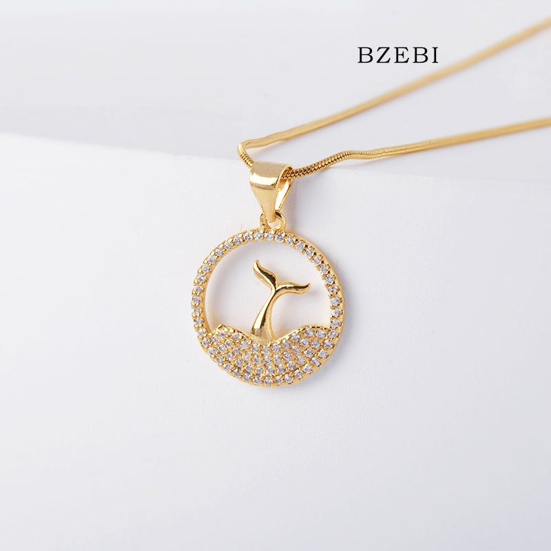 BZEBI 18k Gold Plated Cubic Zirconia Whale Fall Women Necklace with Box