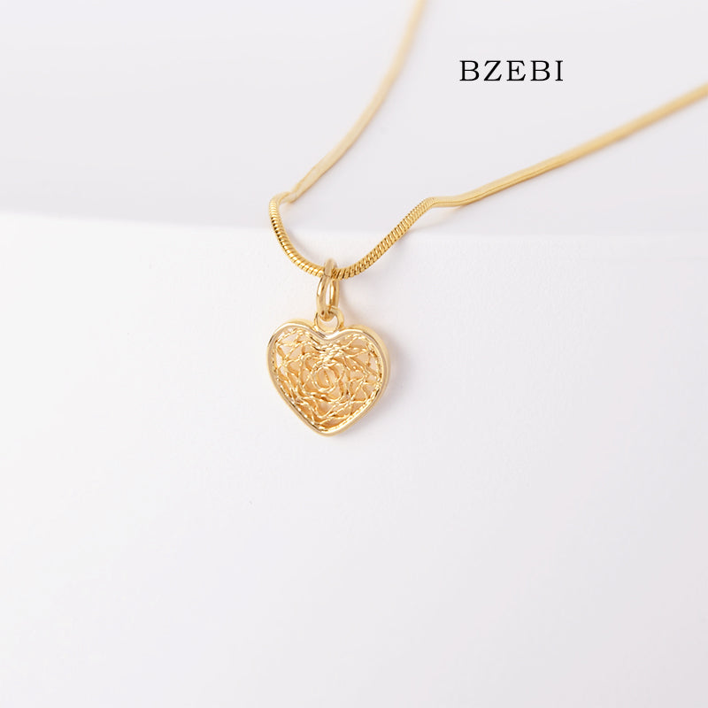 BZEBI 18k Gold Plated Cubic Zirconia Heart Cutout Silk Necklace for Women with Box