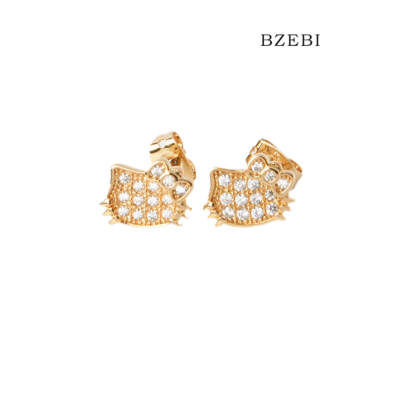 BZEBI 18k Gold Plated Cubic Zirconia Cartoon Cat Accessories Stud Earrings for Women with Box