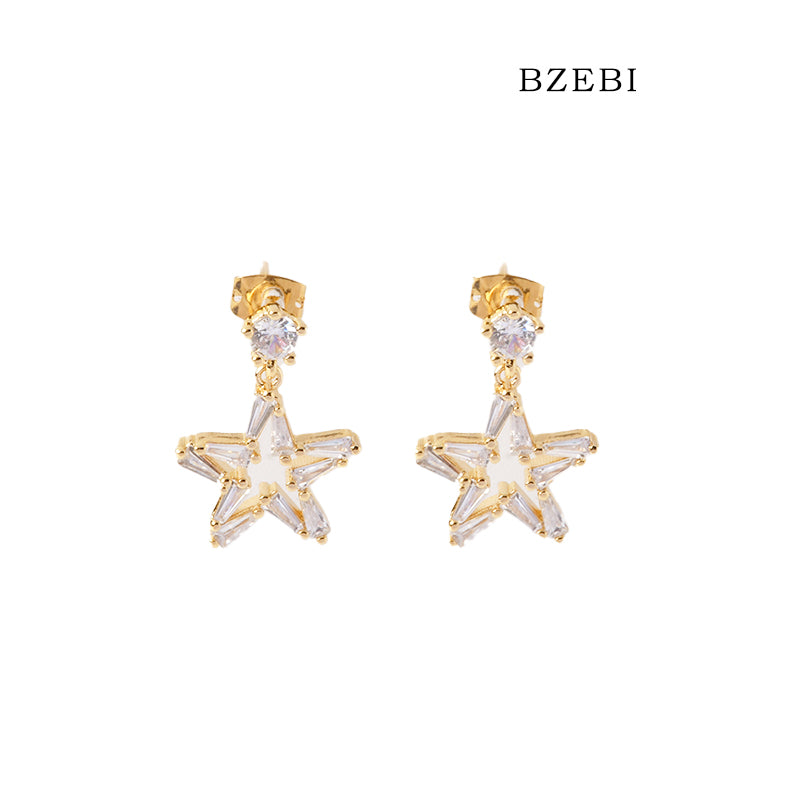 BZEBI 18k Gold Plated Cubic Zirconia Pentagram Stud Earrings for Women with Box